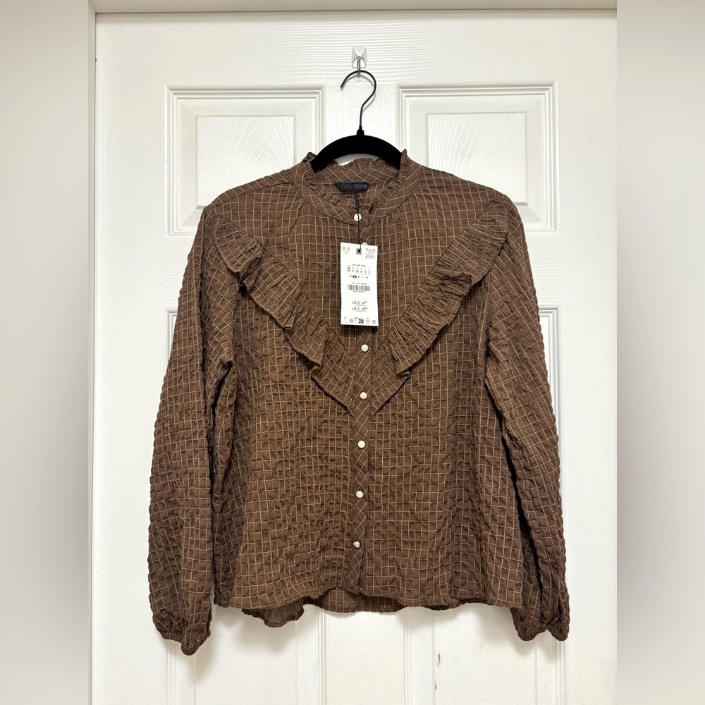 NWT ZARA Ruffle Check Blouse - Picture 7 of 11